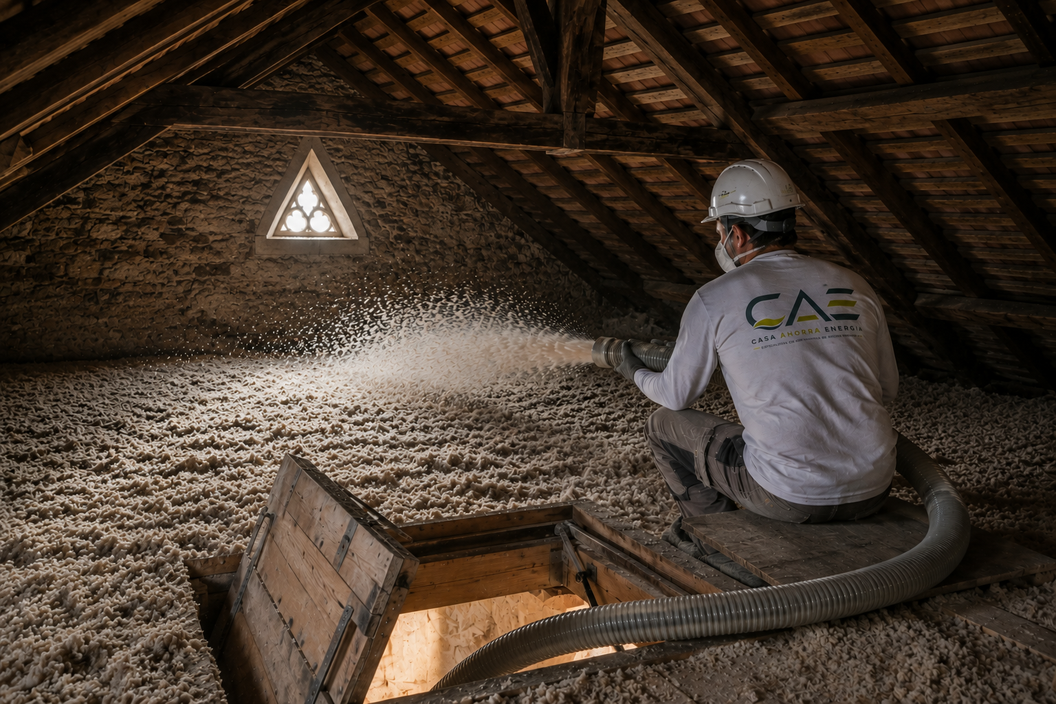 CAE technician blowing insulation into a home's loft
